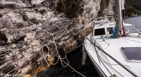 The Waterfall. Fresh water is easily gathered from the waterfall, which is rigged with a bucket, hose and even mooring lines!