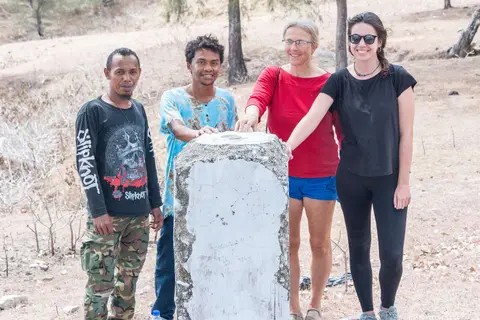 Indonesia - Timor-Leste Border.. From left: our driver, Antonio our guide, Lesley, and our wonderful Tourism contact Irene.