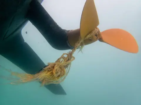 Fouled Propeller. Despite the huge amount of rubbish all through the South China Sea, this was the only piece we tangled with and it was easily cleared.