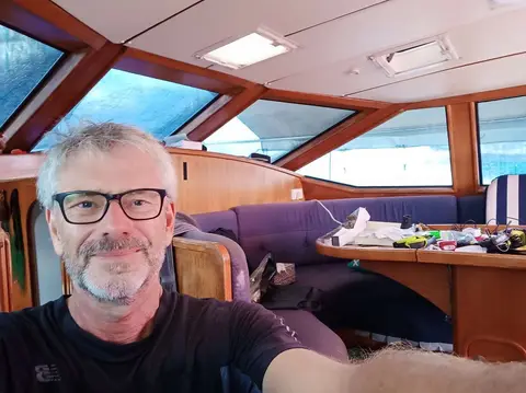 Happy Dave.. Relief at being back on Anjea after the Deep Chill delivery. It is good to be home.