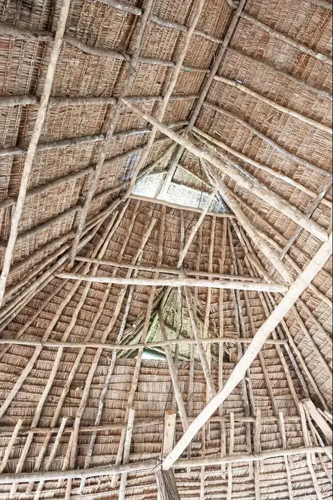 Saadani Village Restaurant. Coconut thatch is popular because it is cooler than corrugated steel but steel doesn't need replacement every couple of years.