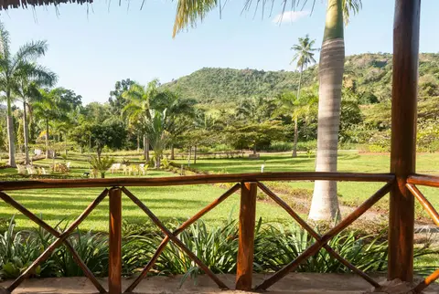 A Park Surrounds the Bar. The bar on the outskirts of Meheza is surrounded by manicured gardens.