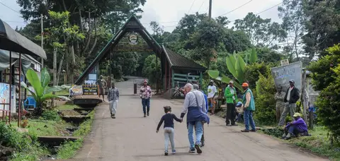 Marangu Gate. Approaching the National Park Gate, the official start of the walk to the summit of Kilimanjaro.