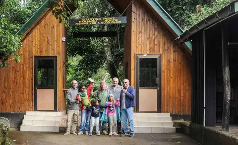 The Marangu Gate. Our party at the start of the 6 day walk to the top of Kilimanjaro. No we did not actually walk to the real summit.