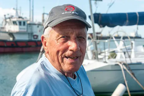 Walter. With Warrior, the racing boat he sailed, in Port Elizabeth