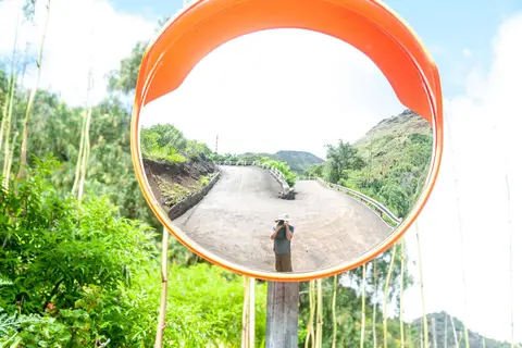 Switchback. Switchbacks are everywhere on the steep roads and traffic jams are common: two cars traveling in opposite directions can't pass.