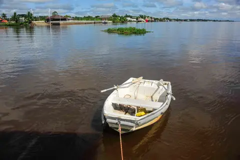 Anjea's Dinghy . The fast-flowing river is a highway for trees, weeds, rubbish and even whole trees.