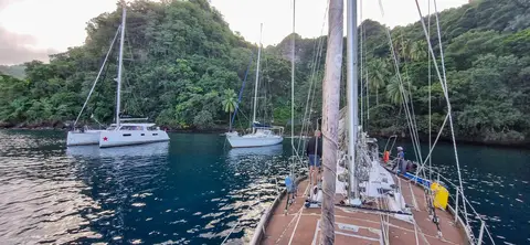Stern-to in Dominica. A brilliant and quirky little anchorage that we enjoyed enormously.