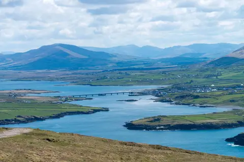 Valentia Channel. Portmagee is the village to the right of the bridge. Valentia Island is on the left.